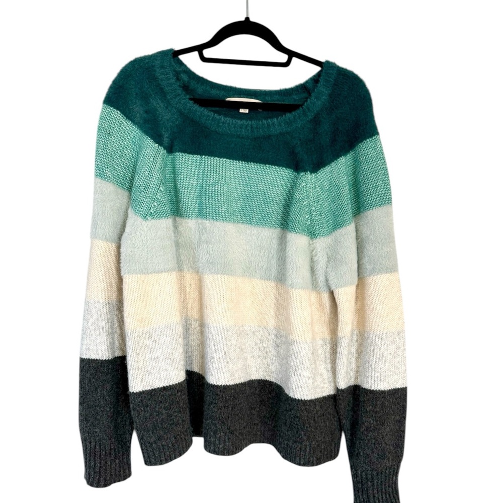 LOFT Green and Blue Crew Neck Fuzzy Sweater with Striped Design
